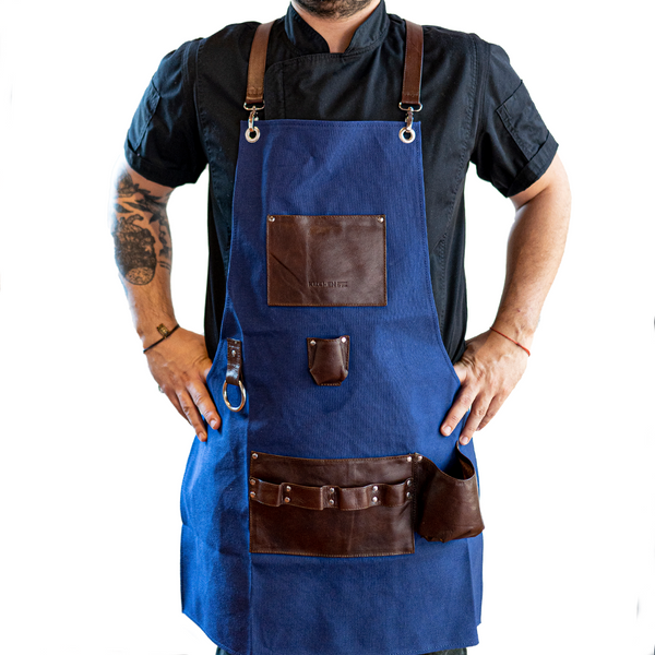 Mandil Parrillero Chef de Algodón con Piel Genuina Azul